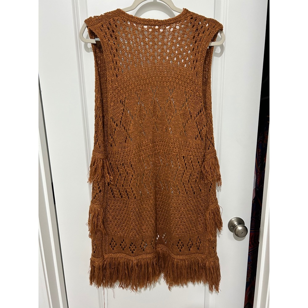 En Creme Womens Crochet Fringe Longline Vest Knit Sleeveless Cardigan Small Rust